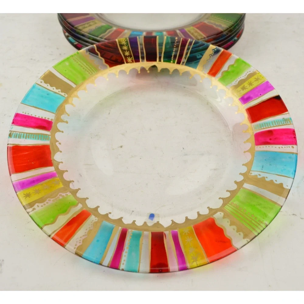 Pier 1 Festive Stripe Rainbow Gold Accents Glass Salad Plates 8.25